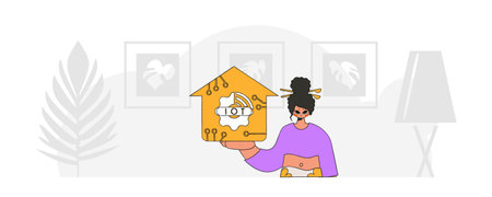 Girl sitting on the ground, grasping an IoT logo, in a contemporary cartoonesque style.のイラスト素材