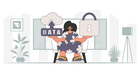 Girl adorned in cloud storage and padlock, in modern vector character style.のイラスト素材