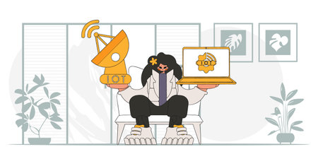 Woman with laptop and satellite dish for IoT, cartoon.style vector illustration.のイラスト素材