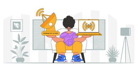 Guy with laptop and satellite dish for IoT. modern vector character style.のイラスト素材