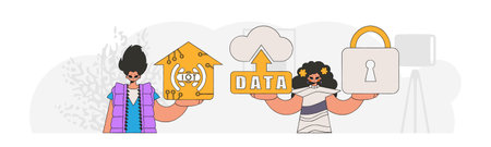 Guy and girl join forces in the IoT sector, presented with a modern vector character style.のイラスト素材