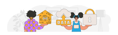 Guy and girl teaming up in the IoT industry, depicted in a modern vector style.のイラスト素材
