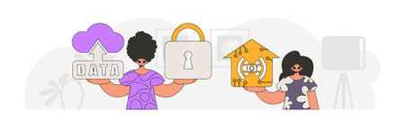 Guy and girl join forces in the IoT sector, utilizing vector modern graphics.のイラスト素材