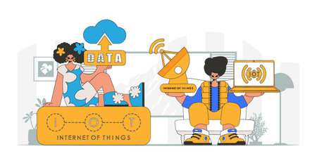 Guy and girl join forces to create business impact in the Internet of Things realm modern vector style character.のイラスト素材