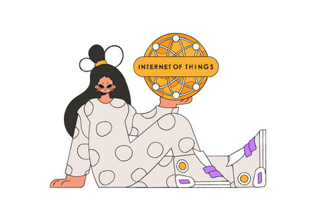 A girl is crouched on the ground, proudly displaying the logo for the Internet of Things.のイラスト素材