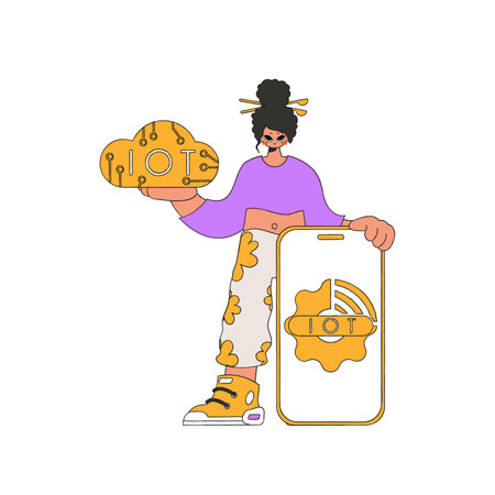 Girl with a server for cloud storage and IoTのイラスト素材