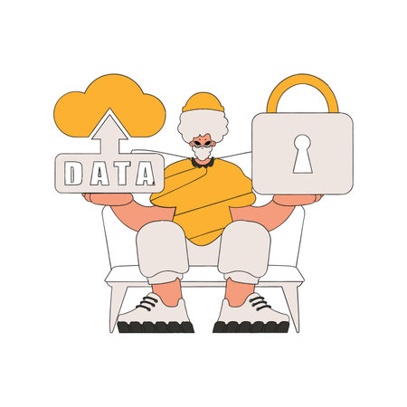 Person with cloud storage and padlock symbolizing data safety.のイラスト素材