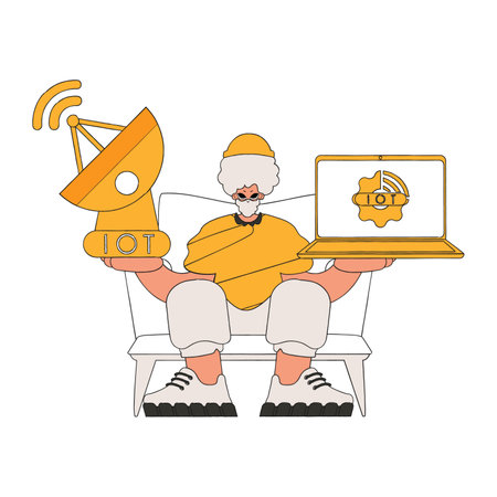 Man with laptop and satellite dish to connect to IoT.のイラスト素材