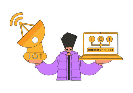 He holds a laptop and satellite dish for an internet of things connection.のイラスト素材