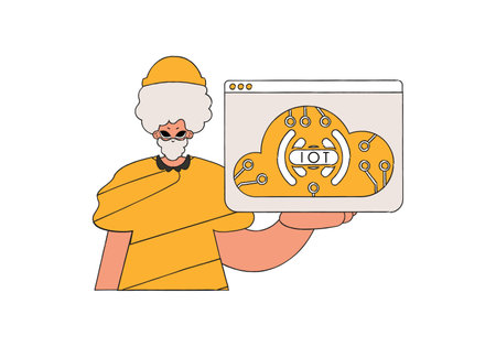 He grasps the IoT symbol tightly in his palms.のイラスト素材