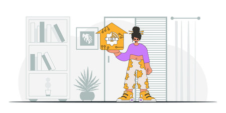 Girl holds IoT logo while sitting on the floor, in modern vector style.のイラスト素材