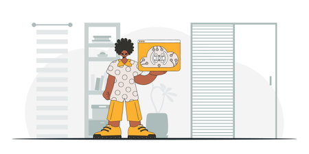 A man sitting on the floor with an IoT logo, drawn in a modern vector style.のイラスト素材