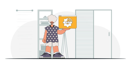 Man on floor holding IoT logo, modern vector art styleのイラスト素材