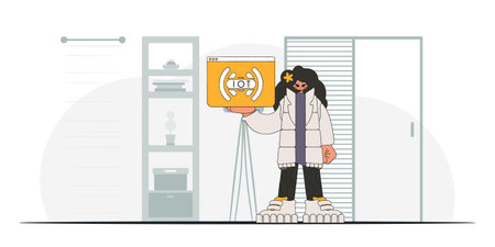 .Girl with IOT logo, modern vector style, seated on the floor.のイラスト素材