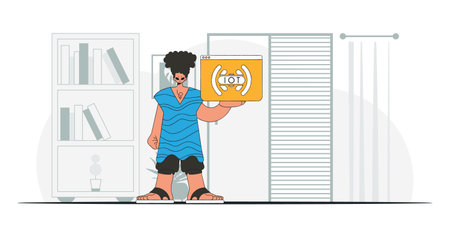 Guy sitting on the floor, clutching IoT logo. modern style vector character.のイラスト素材