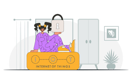 Girl gripping cloud storage, vector modern graphics depicting her.のイラスト素材