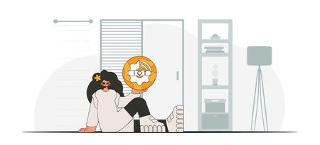 Girl sits on floor, Internet of Things logo grasped in hand modern vector character.のイラスト素材