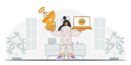 Girl hold laptop and satellite dish modern vector style, for IoT.のイラスト素材