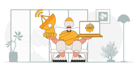 Modern guy hold laptop and satellite dish to access IoT vector art style.のイラスト素材