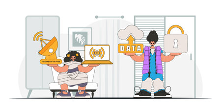 Guy and girl form a partnership in the IoT industry, as seen through a modern vector character style.のイラスト素材