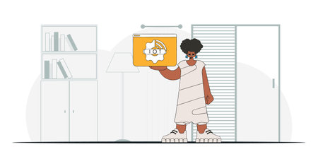 Girl hold IoT logo. modern vector character style.のイラスト素材