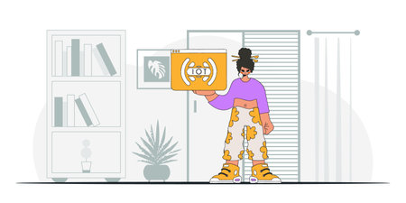 Girl hold IoT logo. modern vector character style.のイラスト素材