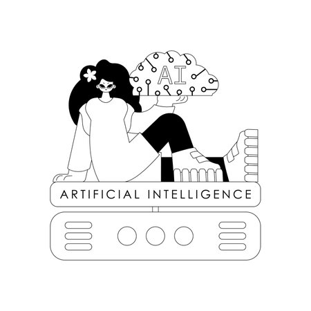 Girl and AI server in linear vector style with artificial intelligence themeのイラスト素材
