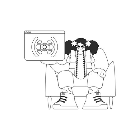 Girl holding IoT logo, depicted in vector line artのイラスト素材