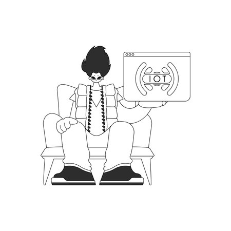 Man holding IoT logo in vector form, drawn in a linear styleのイラスト素材