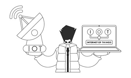 He's equipped with an antenna and laptop, ready to work IoT data and vector linear styleのイラスト素材