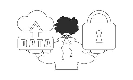 Guy is holding a logo of cloud storage for internet of things in a vector linear styleのイラスト素材