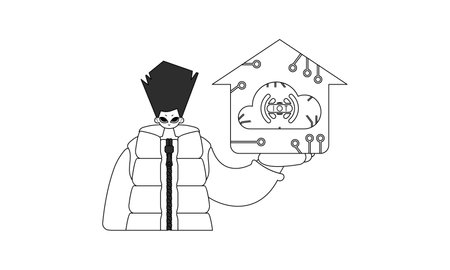 Man clutching an IoT emblem, represented in simplified linear designのイラスト素材