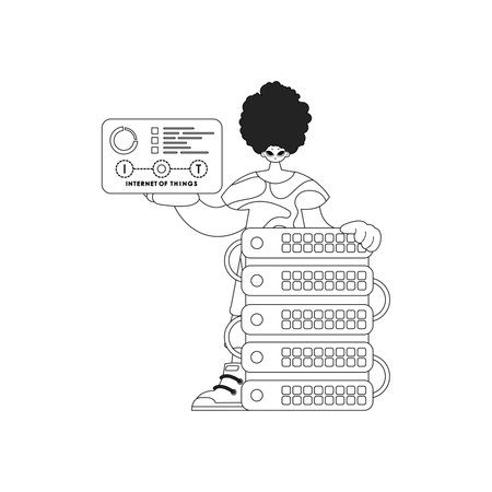 drawingMan and cloud storage server depicted in vector linear drawing for the Internet of Thingsのイラスト素材