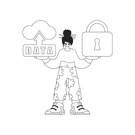 Girl shows laptop with cloud storage logo, representing Internet of Things, in linear style vectorのイラスト素材