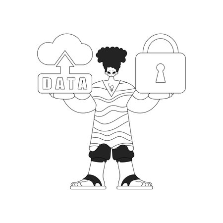 Guy holding cloud logo in linear style. an icon of the Internet of Thingsのイラスト素材