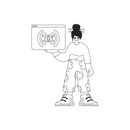 A female holding an illustration of the Internet of Things, in a linear vector styleのイラスト素材