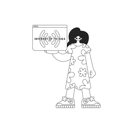 Girl holds logo of IoT in vector linear styleのイラスト素材