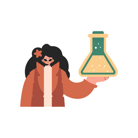 Energized lady holding a chemical trance, pulled back on white foundation. Trendy style, Vector Illustrationのイラスト素材