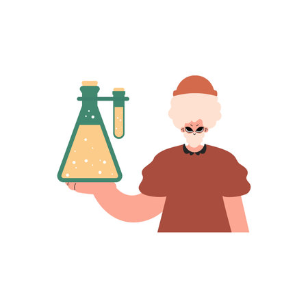 The individual is holding a chemical shake, kept on a white establishment. Trendy style, Vector Illustrationのイラスト素材
