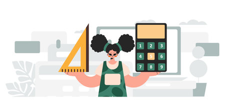 Energized woman holding a ruler and calculator, learning subject. Trendy style, Vector Illustrationのイラスト素材