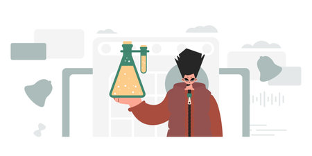 Individual holding chemical carafe, learning subject. Trendy style, Vector Illustrationのイラスト素材
