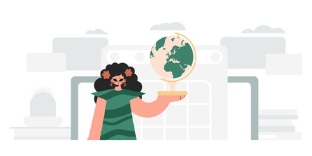 Energized lady holding a colossal globe, learning subject. Trendy style, Vector Illustrationのイラスト素材