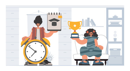 Individual and energized woman school understudies, analyzing to begin with school subjects. Trendy style, Vector Illustrationのイラスト素材