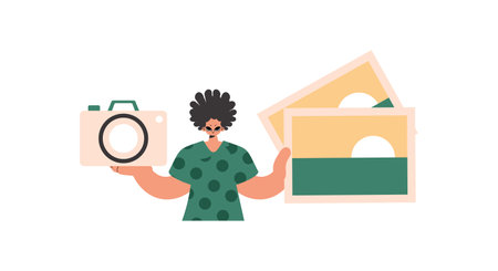 The individual holds a camera and photos in his hands. Compelled on white establishment. Trendy style, Vector Illustrationのイラスト素材