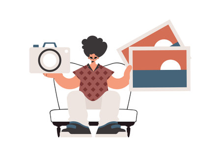 The individual holds a camera and photos in his hands. Isolated on white establishment. Trendy style, Vector Illustrationのイラスト素材