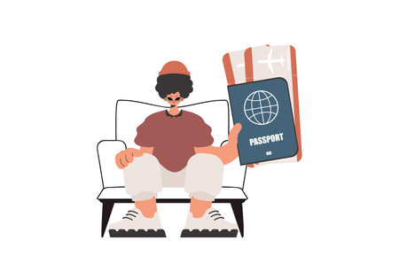 The person holds a visa and see at tickets in his hands. Kept on white foundation. Trendy style, Vector Illustrationのイラスト素材
