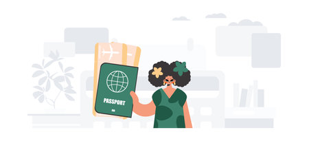 The flooding lady holds a visa and see at tickets in his hands. The concept of rest and travel. Trendy style, Vector Illustrationのイラスト素材