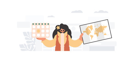 The young lady holds a calendar and a graph of the world in his hands. The concept of rest and travel. Trendy style, Vector Illustrationのイラスト素材
