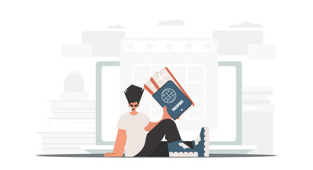 The individual holds a around the world id and trade around tickets in his hands. The concept of rest and travel. Trendy style, Vector Illustrationのイラスト素材