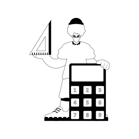 Individual with calculator and ruler. Learning subject. Chafing and white line craftsmanship. Trendy style, Vector Illustrationのイラスト素材